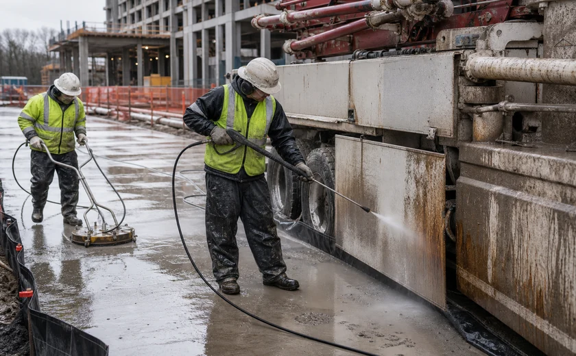 Workers cleaning concrete pump equipment and a commercial job-site slab