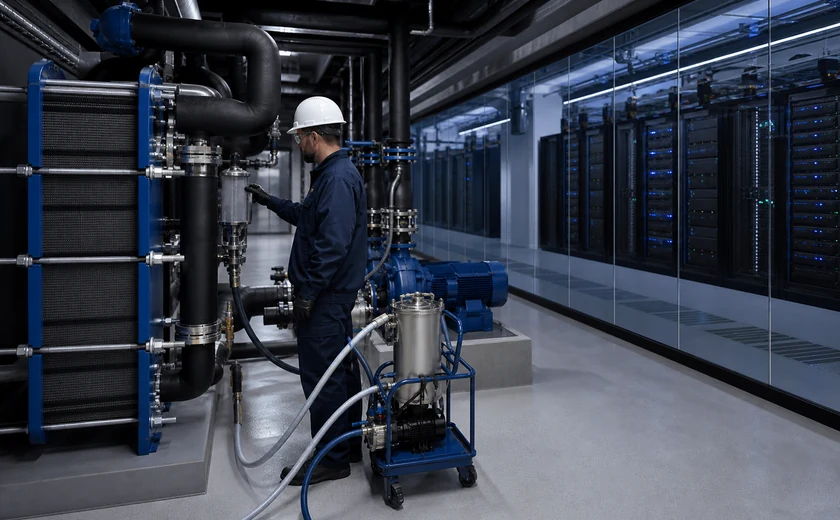 Data-center technician cleaning water-side cooling equipment beside a server aisle