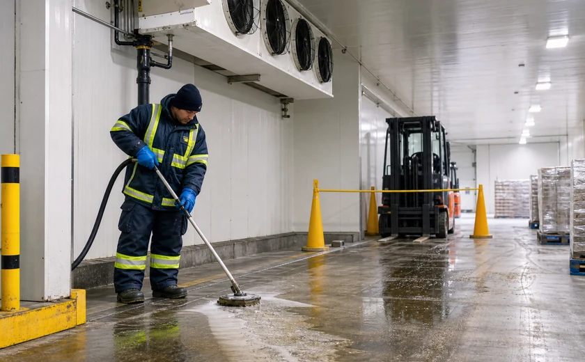 Cold-storage worker cleaning a refrigerated warehouse floor near a forklift