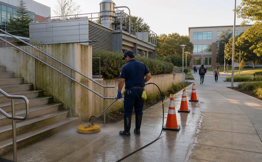 Campus facilities worker cleaning stained exterior steps and walkway