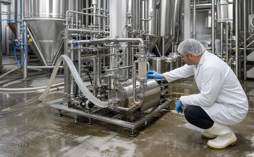 Food-processing technician operating a clean-in-place skid beside stainless tanks
