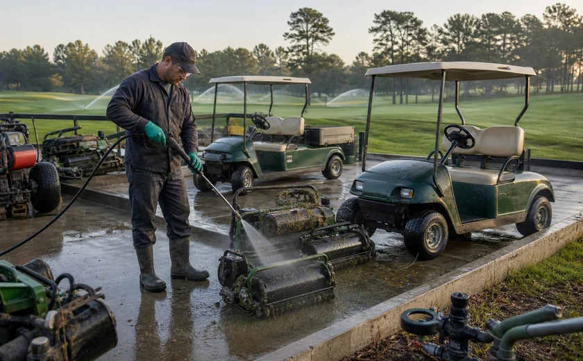 Grounds worker cleaning golf-course mowers and carts on a wash pad
