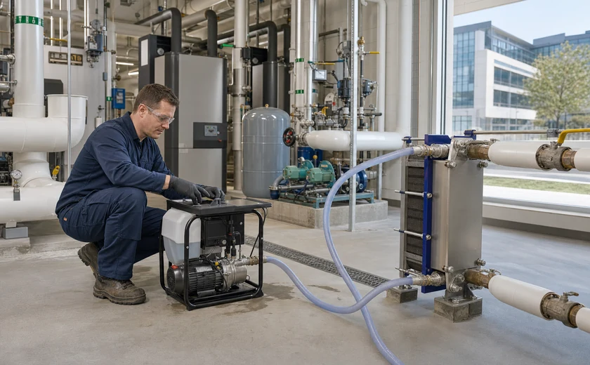 Healthcare facilities technician descaling a plate heat exchanger in a mechanical room