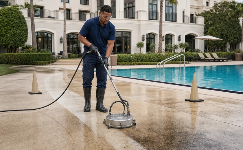 Hotel facilities worker cleaning a poolside courtyard with a surface cleaner
