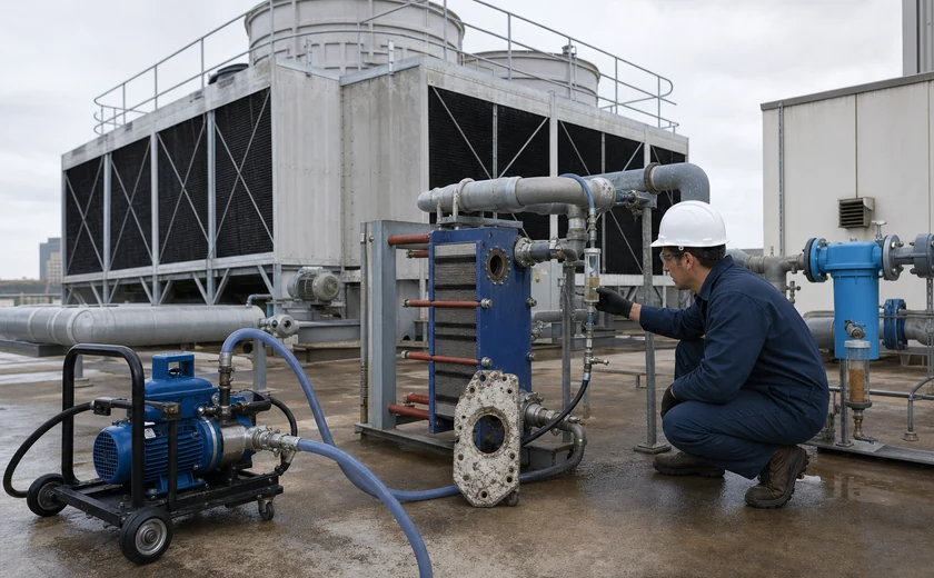 HVAC technician servicing cooling-tower and heat-exchanger water equipment
