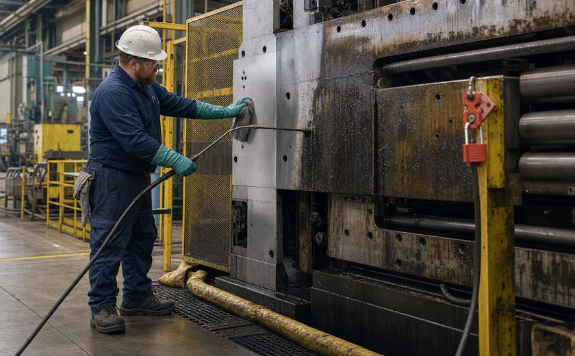 Manufacturing worker degreasing heavy production machinery