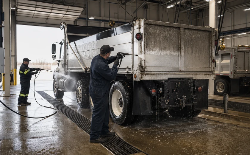 Public-sector fleet worker washing a utility truck in a maintenance bay