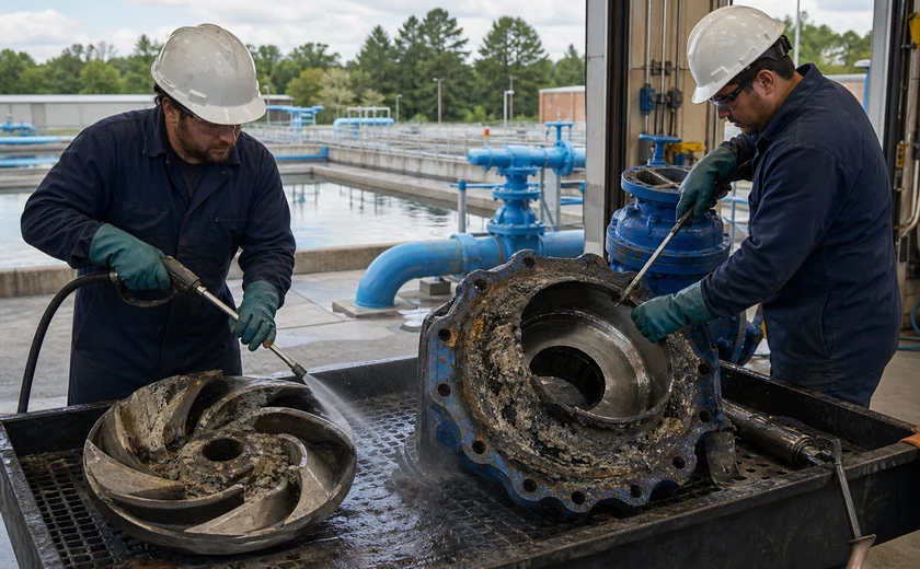 Municipal water utility workers cleaning a removed pump impeller and valve