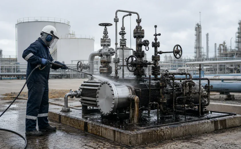 Oil and gas worker cleaning an isolated valve manifold and heat exchanger