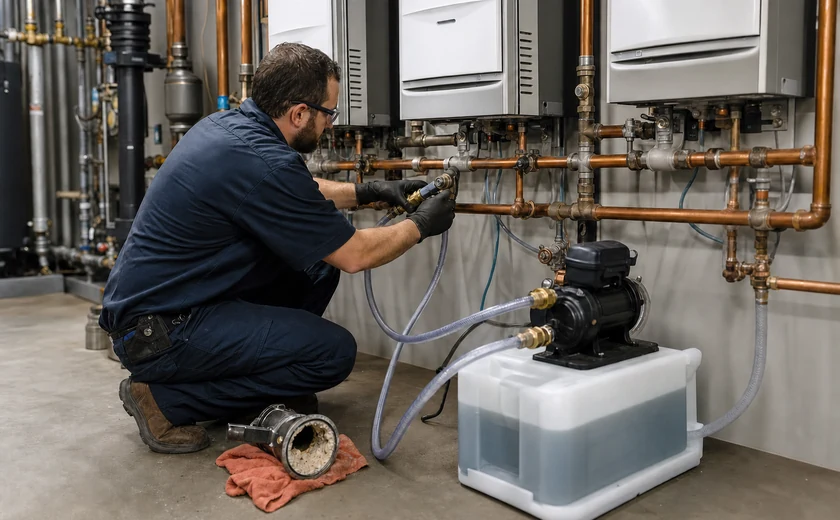 Plumber circulating descaling solution through tankless water heaters