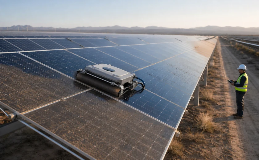 Robotic soft-brush cleaner removing soil from a utility-scale solar array