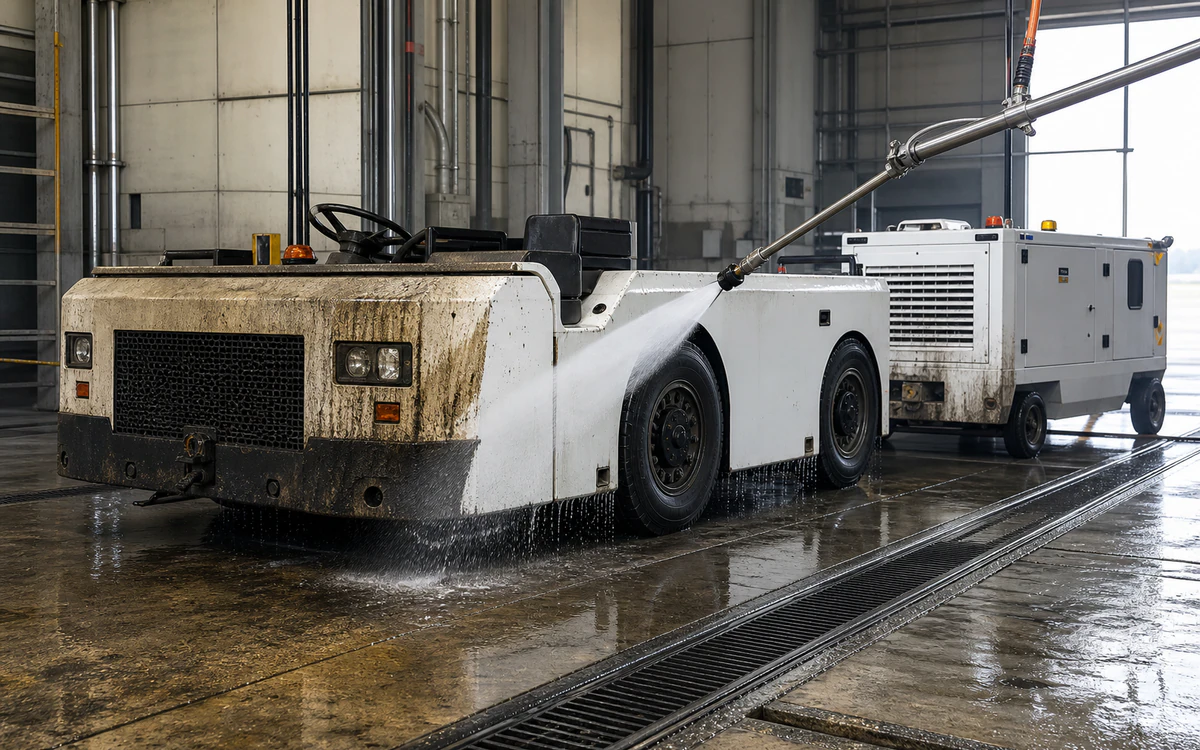 Aircraft tug and ground-power unit undergoing a contained low-pressure wash after a wet chemical dwell