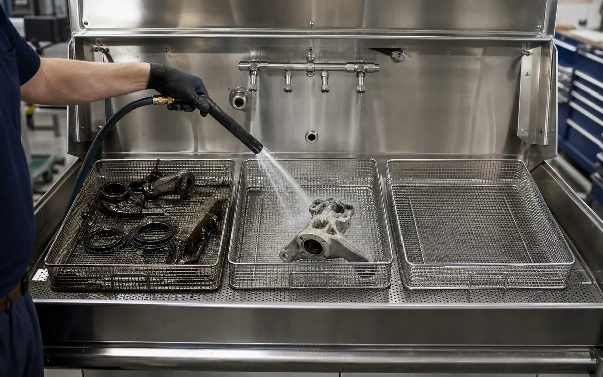 Aviation maintenance components moving from greasy to clean in an aqueous parts washer