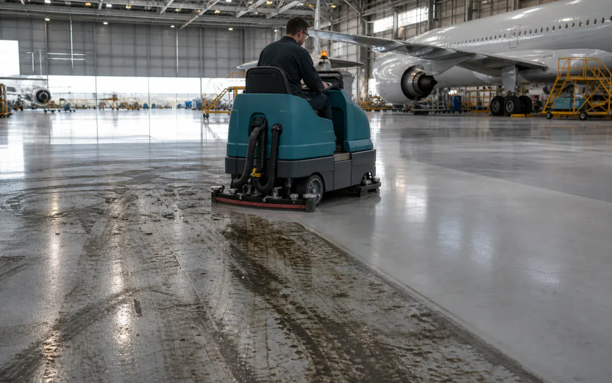 Ride-on auto-scrubber recovering wet hydraulic-fluid and tire-mark soil from an aircraft hangar floor