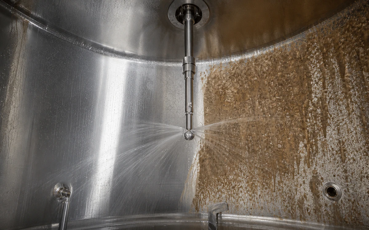Fixed CIP spray ball rinsing krausen and beer-stone residue from a stainless fermenter