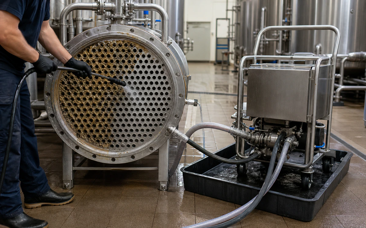 Brewery heat-exchanger tube sheet undergoing contained cleaning with a recirculation cart