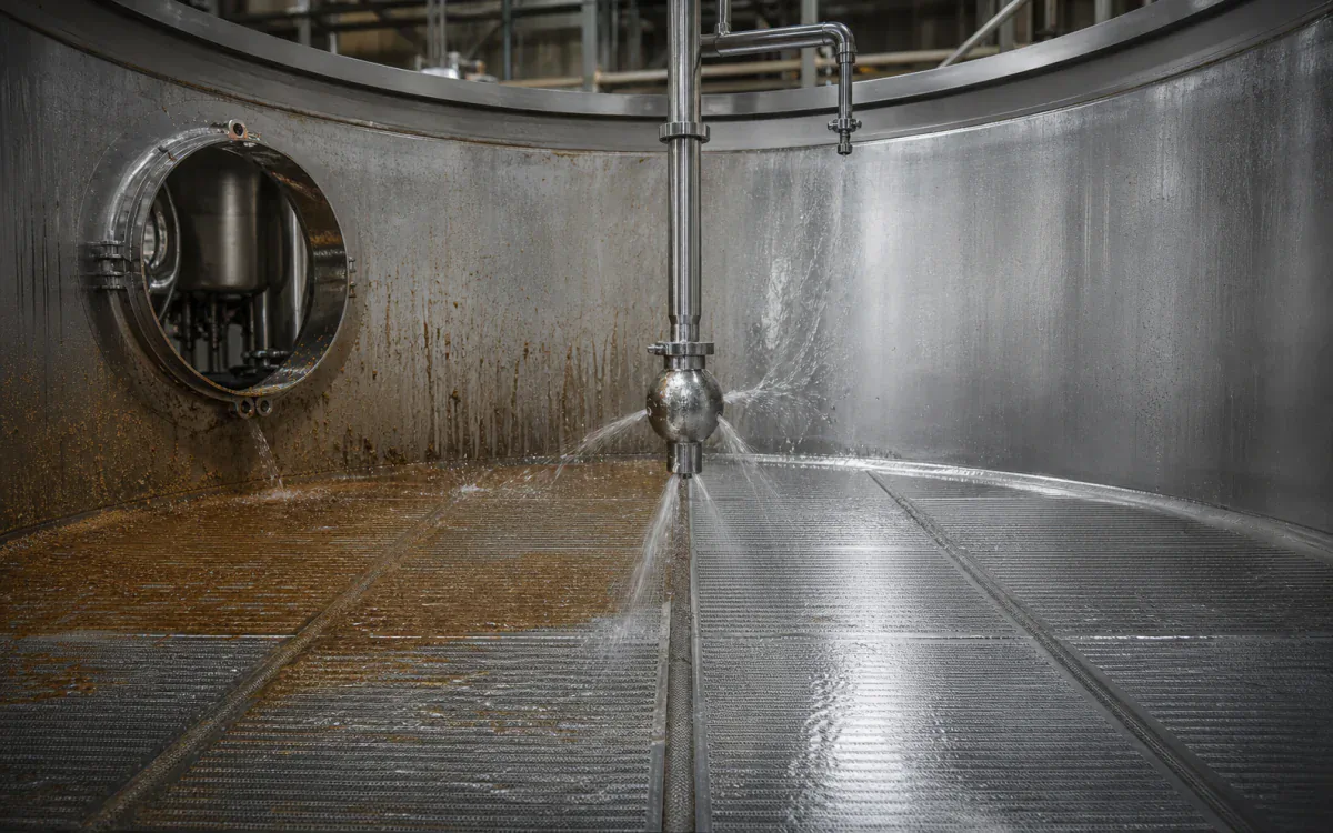 Fixed CIP spray head moving from wet mash residue to clean stainless inside an empty lauter tun