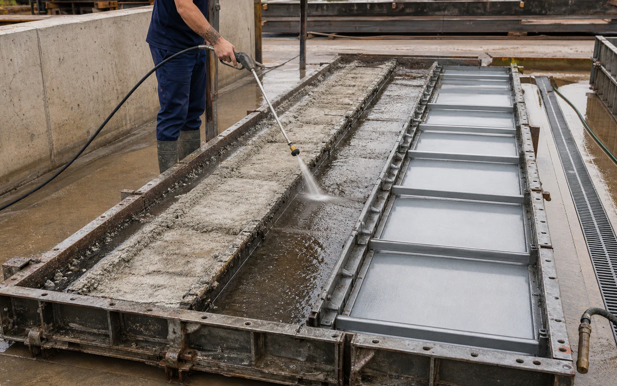 Technician rinsing wet-treated concrete residue from reusable steel formwork on a contained wash pad