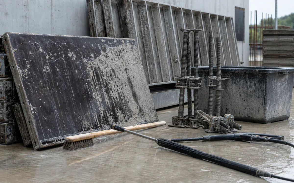 Concrete-stained reusable form panels and tools staged on a contained construction wash pad