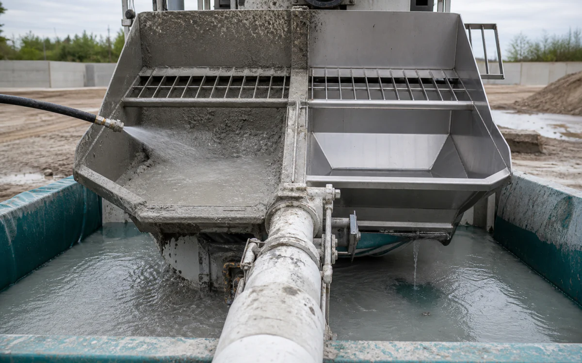 Concrete-pump hopper moving from wet cement residue through rinse to clean metal over a lined washout