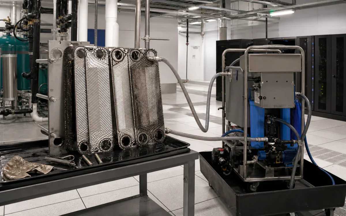 Fouled plate heat exchanger opened beside a closed recirculating cleaning skid in a data-center mechanical room