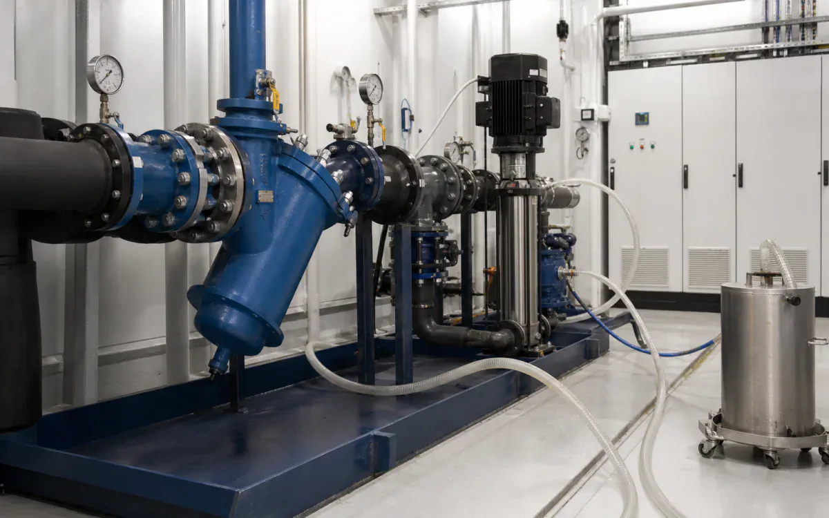 Isolated chilled-water pump and strainer skid connected for a contained closed-loop flush