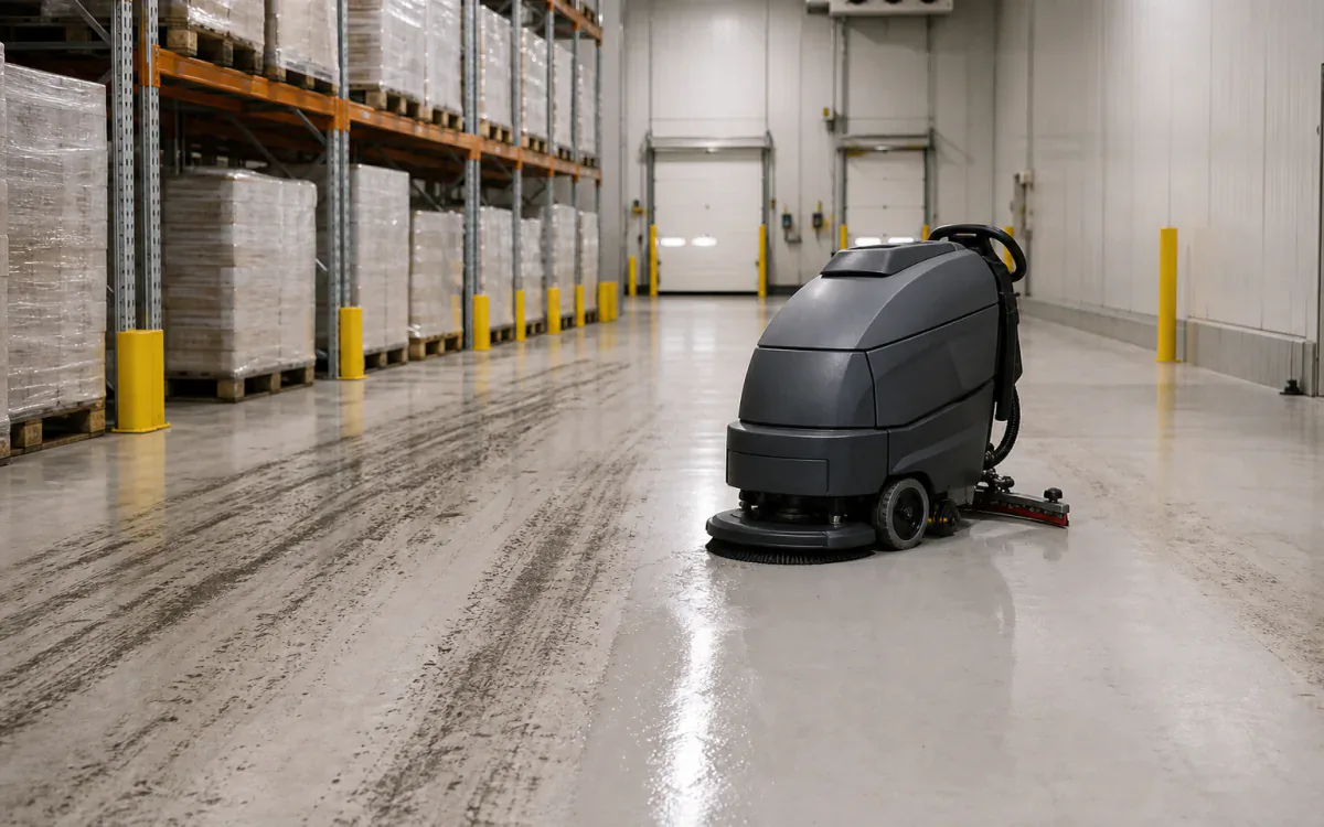 Low-foam floor scrubber recovering tire marks and oily soil in a refrigerated distribution aisle