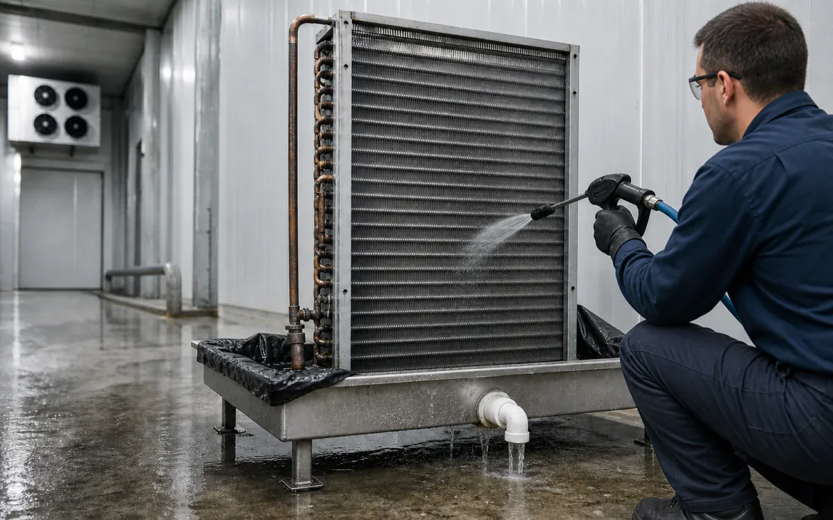 Technician cleaning an isolated cold-storage evaporator coil over a recovery pan