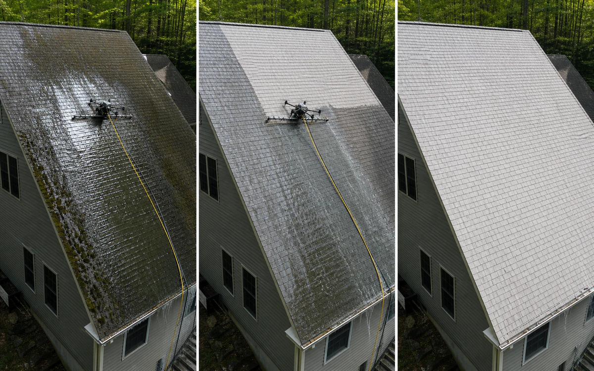 Tethered cleaning drone treating wet algae on an inaccessible steep residential roof