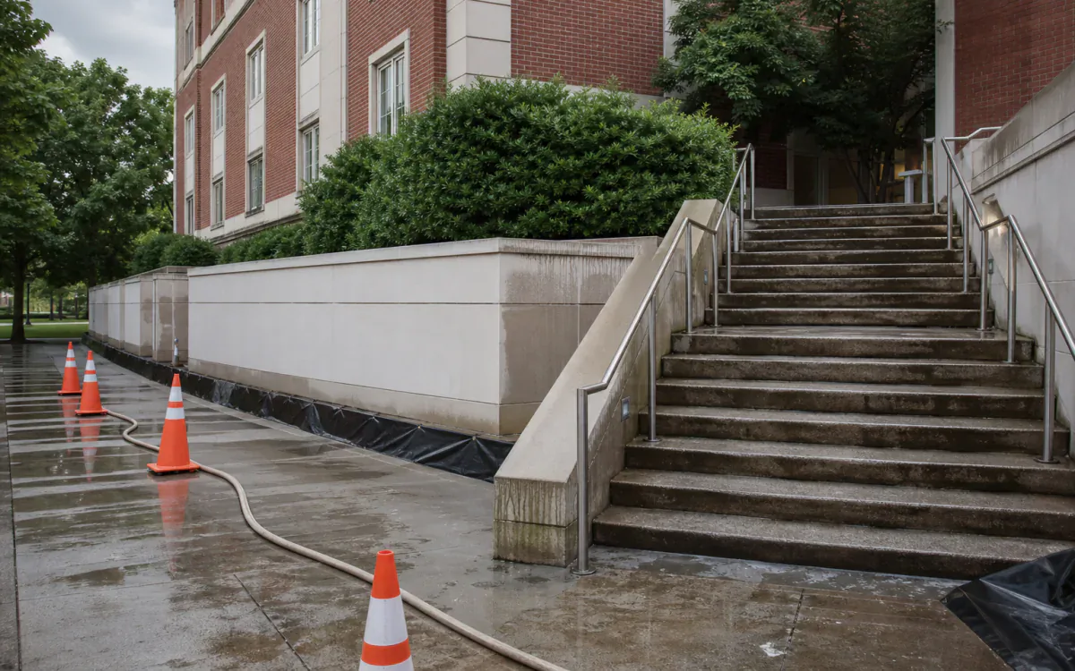 Cleaned campus stair and masonry walkway during controlled dry-down