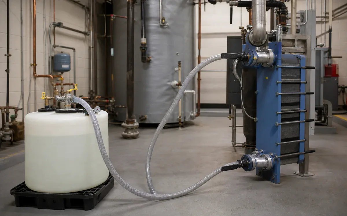 School hydronic heat exchanger connected to a contained recirculation cleaning cart