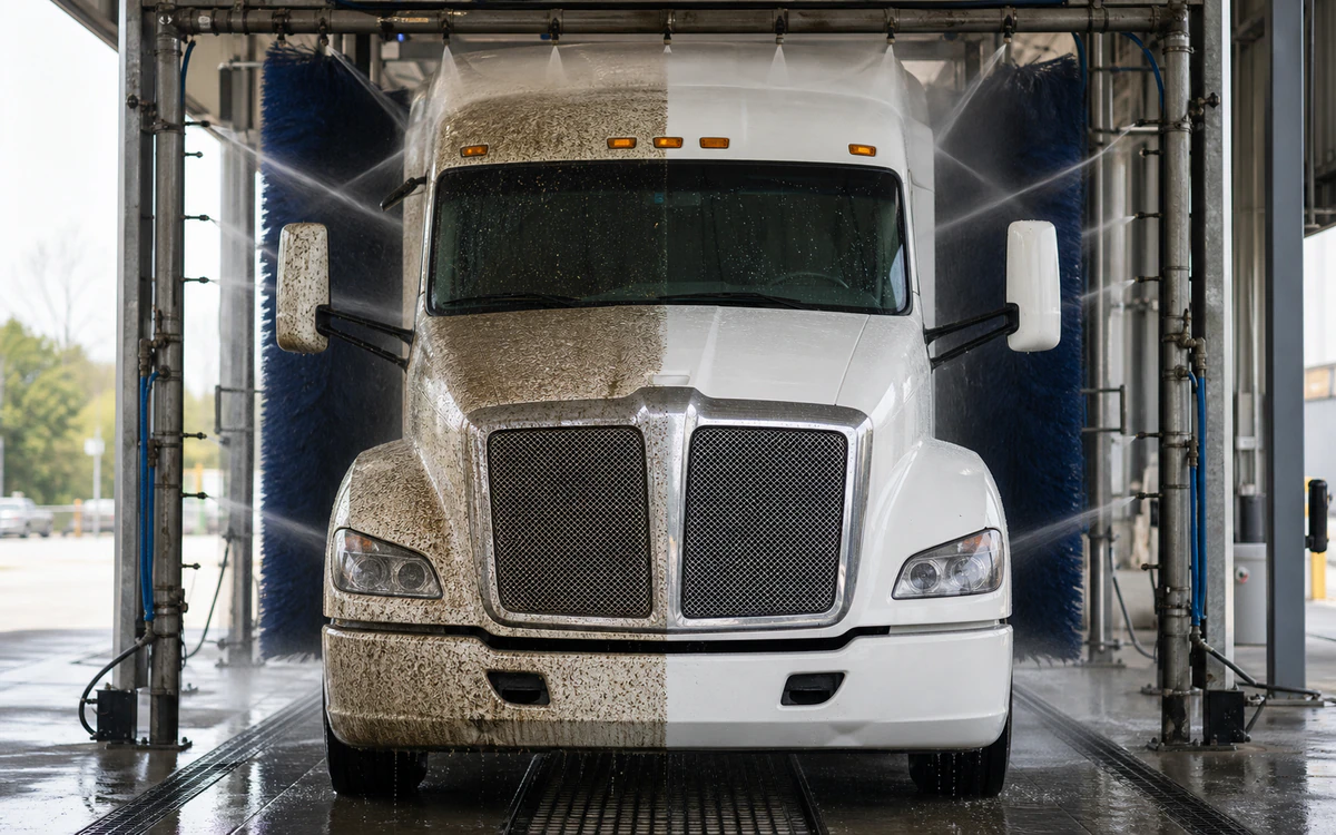 Road-film-covered tractor moving through a fixed commercial wash arch toward a clean finish