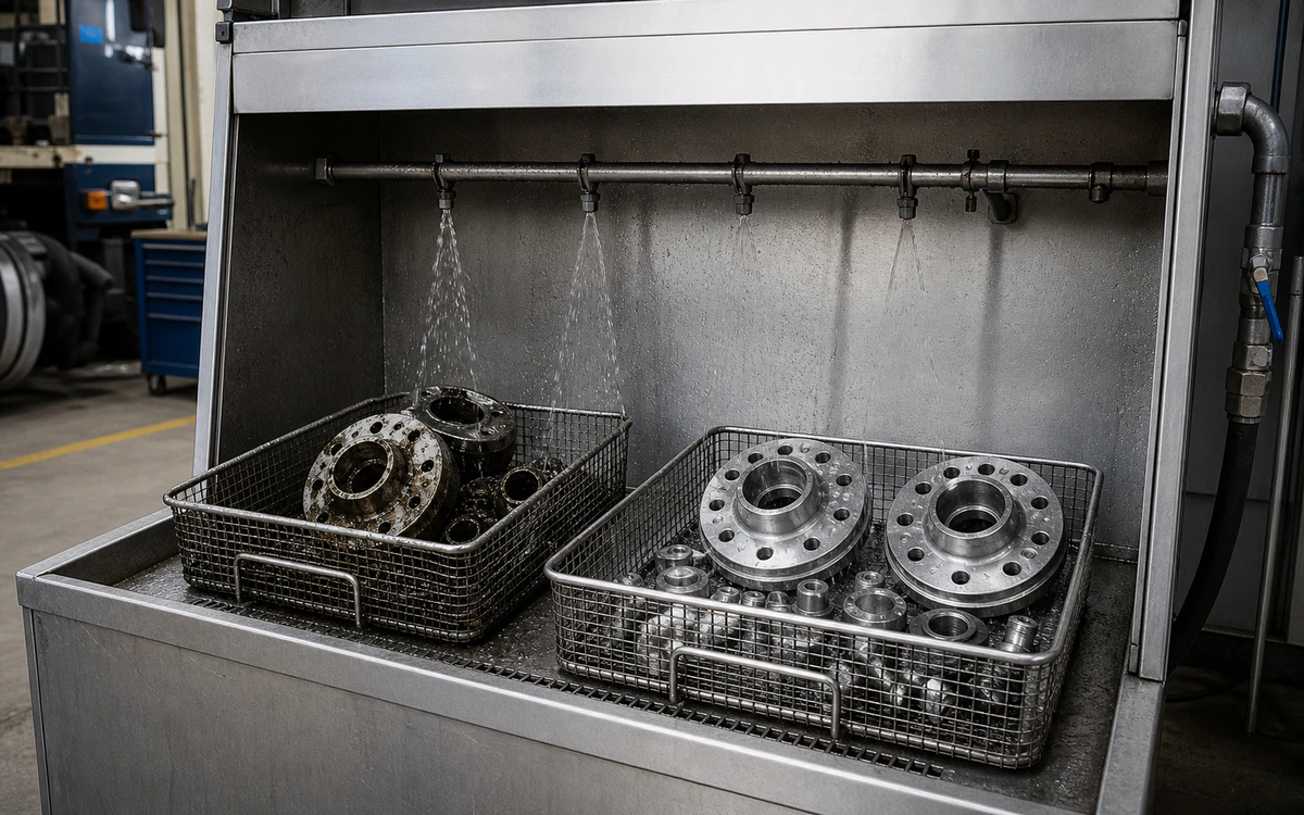 Truck wheel hubs and service parts moving from greasy to clean in an aqueous parts washer
