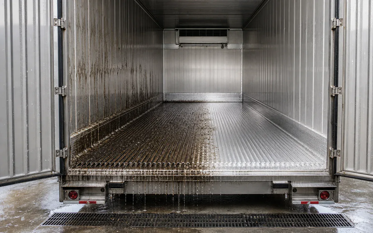 Empty refrigerated trailer interior moving from wet soil through low-pressure rinse to a clean lane