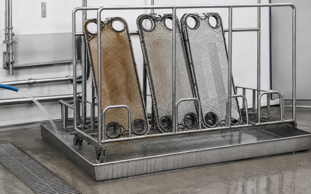 Food-process heat-exchanger plates showing mineral film beside cleaned stainless plates