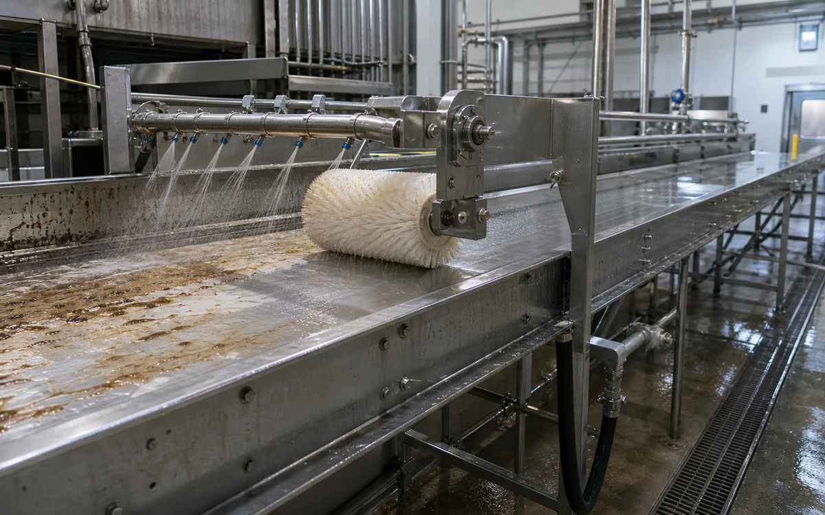 Mounted spray bar and rotary brush cleaning organic process film from an empty stainless food conveyor