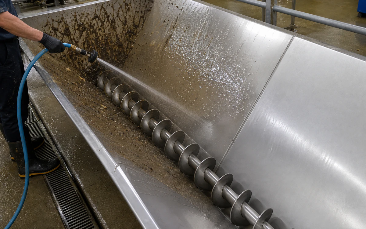 Wet-treated organic residue being rinsed from an empty agricultural hopper and auger