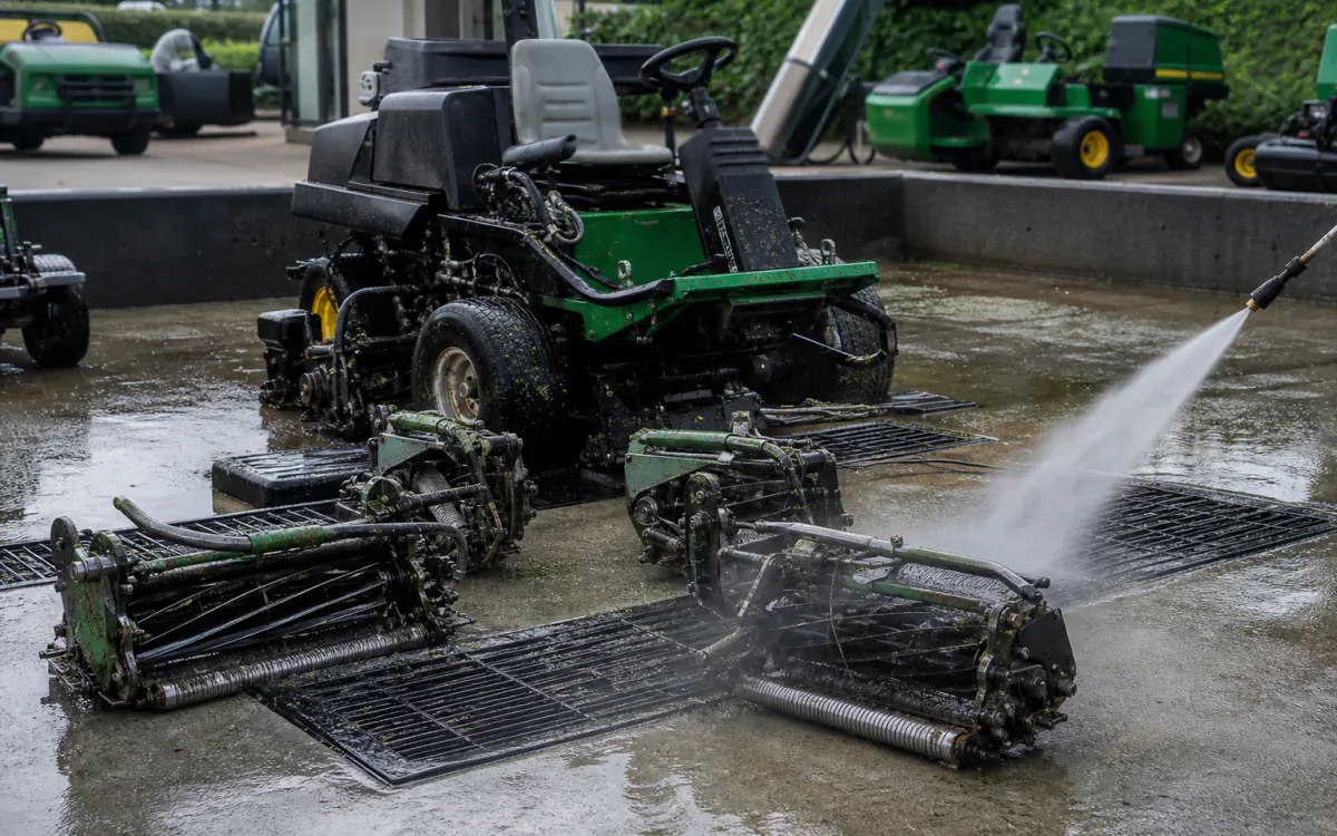 Commercial reel-mower components being washed on a contained golf maintenance pad
