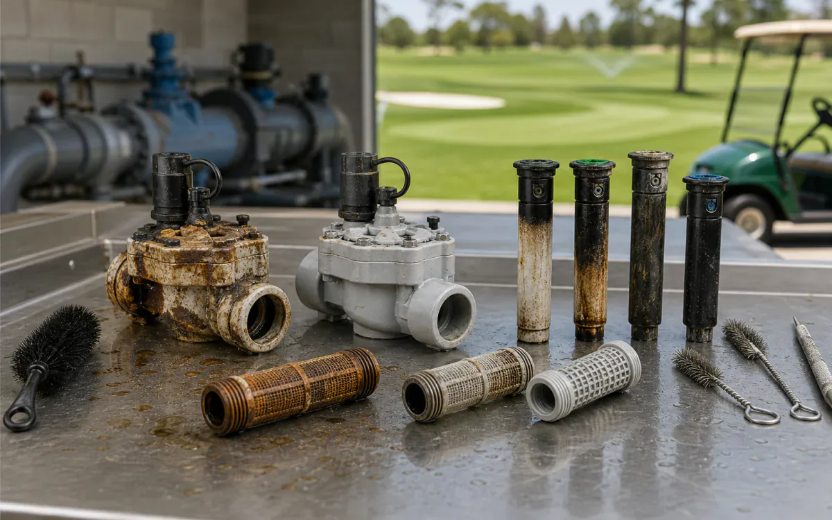 Scaled golf-course irrigation valves and sprinkler parts staged beside cleaned components