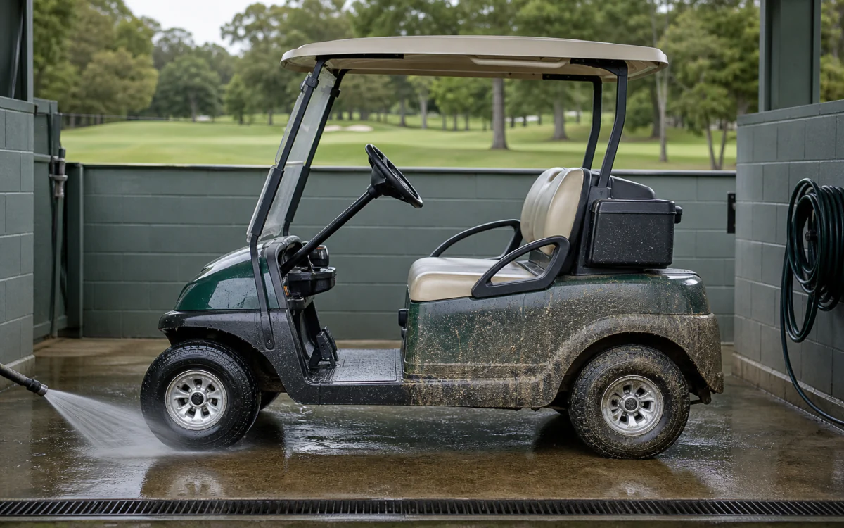 Electric golf cart exterior moving from wet turf soil through a protected low-pressure rinse