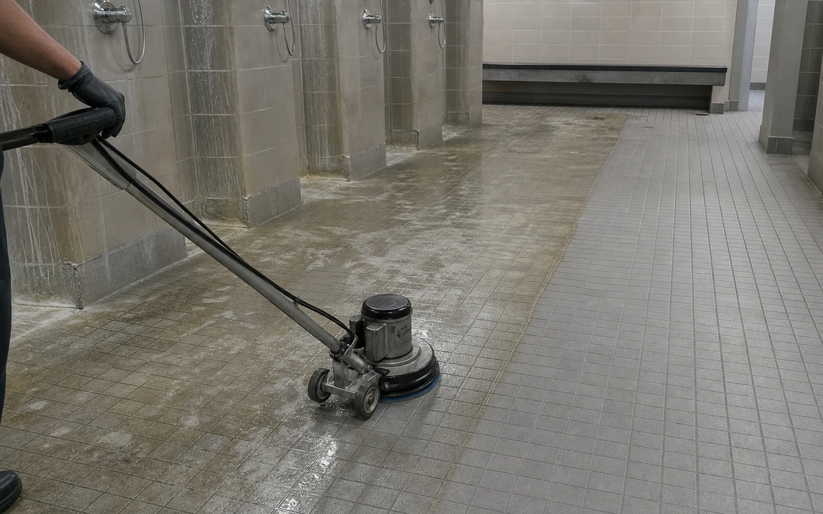Rotary floor scrubber cleaning soap and mineral film from an empty locker-room shower
