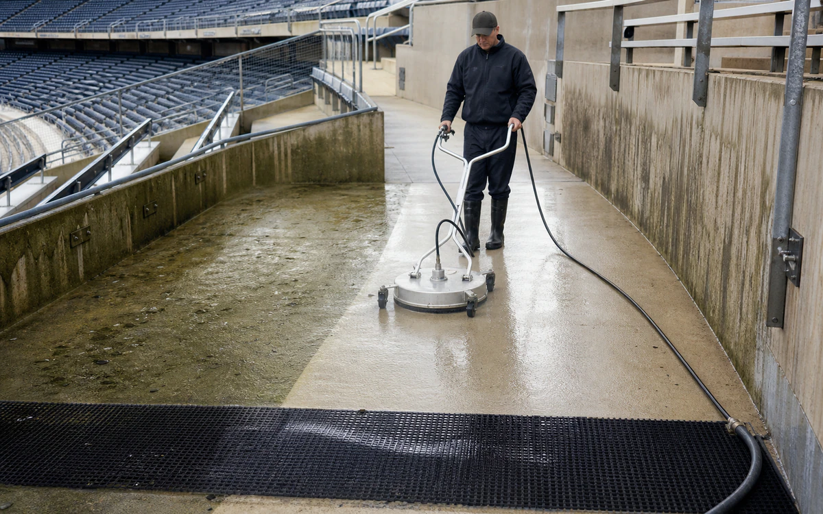 Connected surface cleaner removing wet-treated soil from a stadium concrete walkway