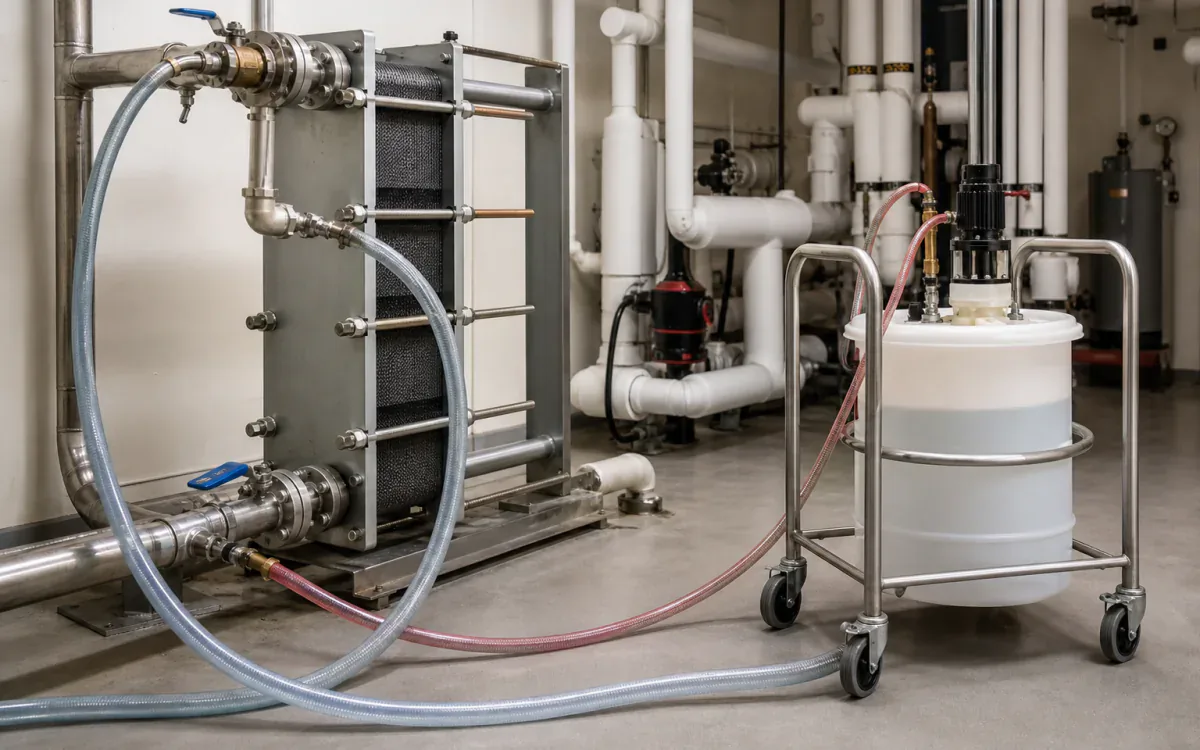 Hospital mechanical-room heat exchanger connected to an isolated recirculation cleaning cart