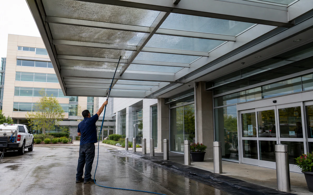 Ground-based technician using a connected low-pressure fan spray on an overhead hospital entrance canopy