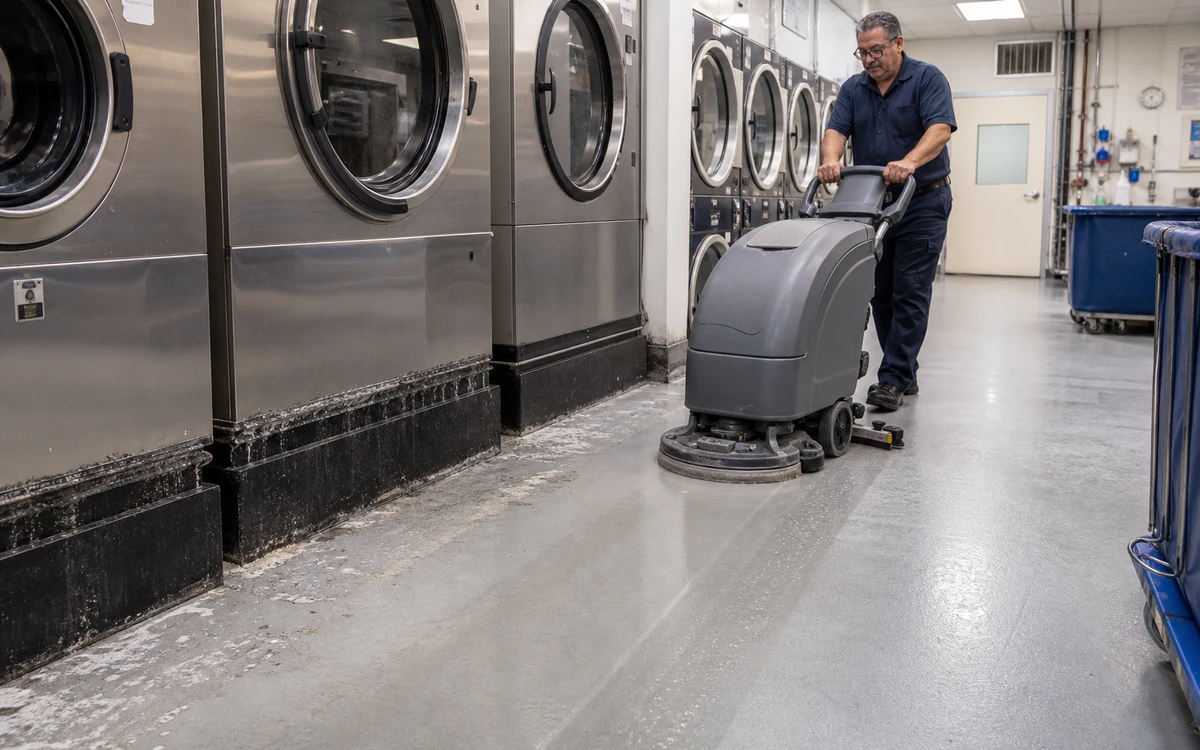 Walk-behind scrubber recovering laundry soil from a senior-living service floor