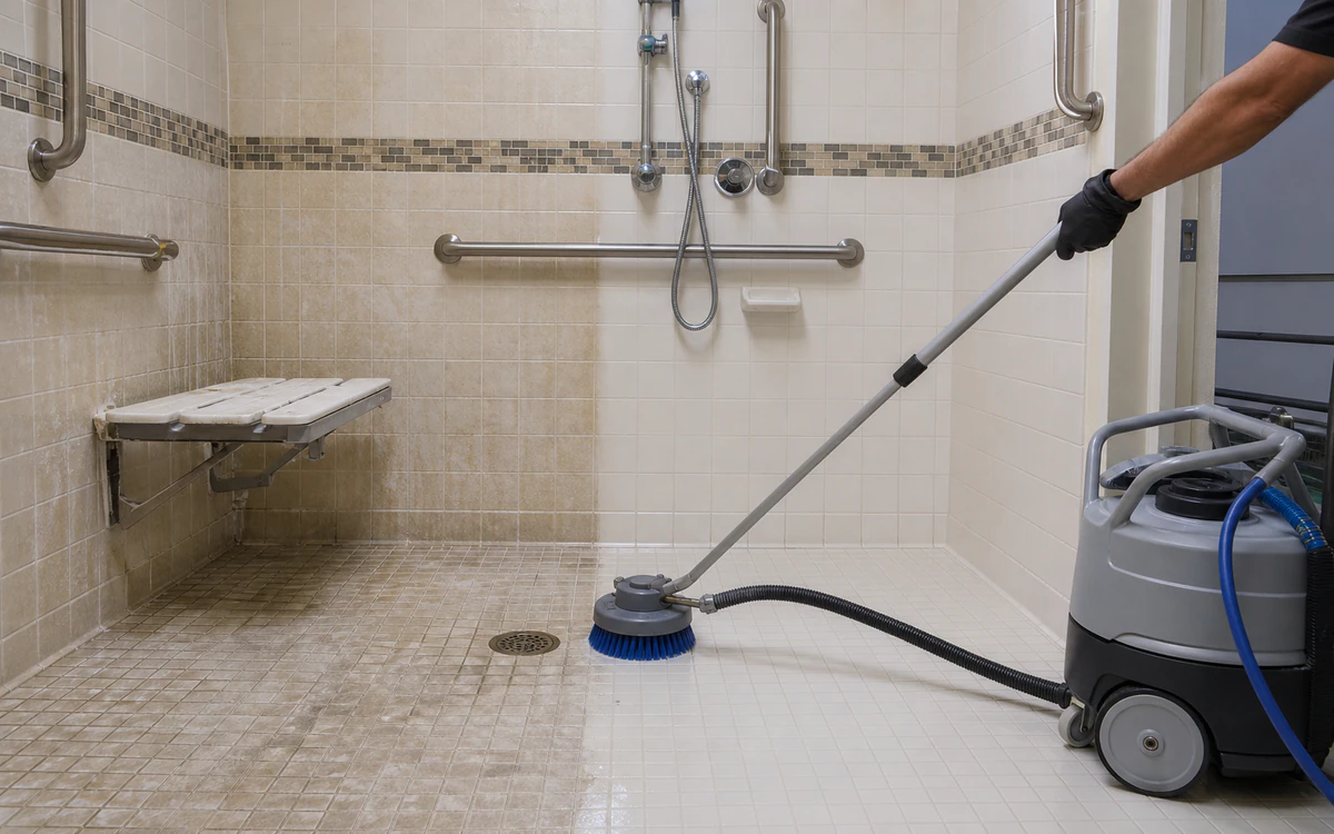 Connected rotary brush cleaning mineral and soap film from an empty accessible shower