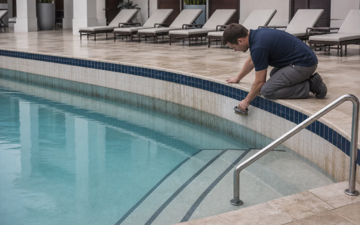 Property-maintenance technician brushing mineral scale from resort pool waterline tile