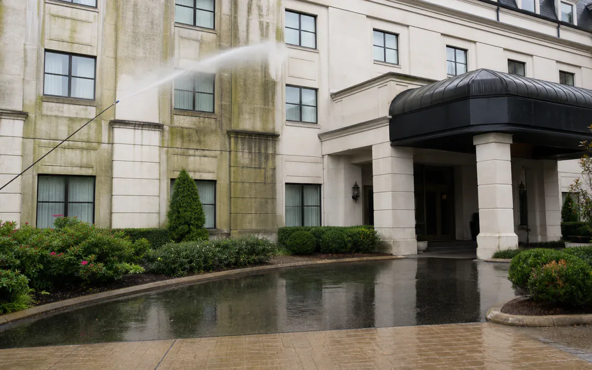 Hotel facade biological staining under a controlled low-pressure exterior wash