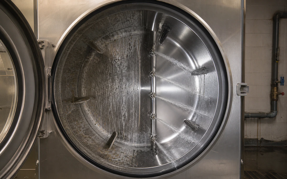 Fixed internal rinse jets cleaning detergent and mineral film from a hotel commercial washer drum