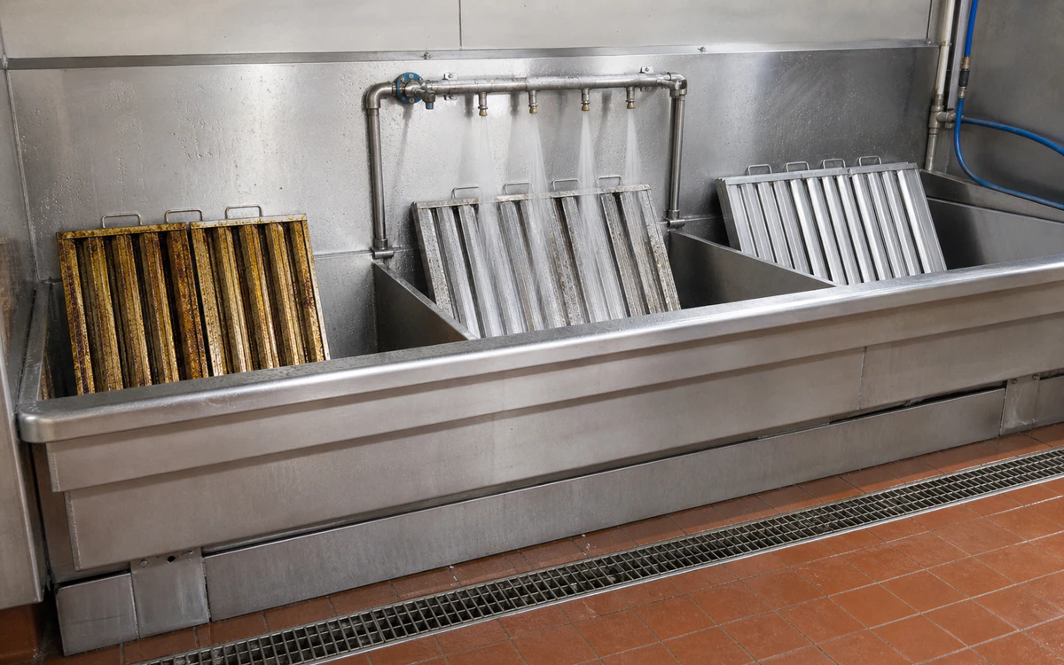 Hotel kitchen hood filters moving from wet greasy dwell through fixed rinse to clean